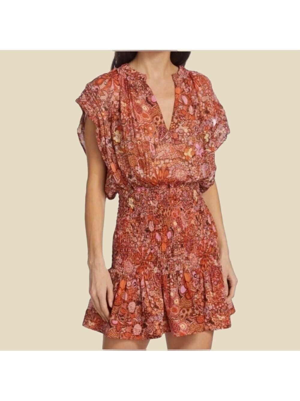 A.L.C. Carly Silk Floral Smocked V Neck Mini Dress Multicolor NWT
